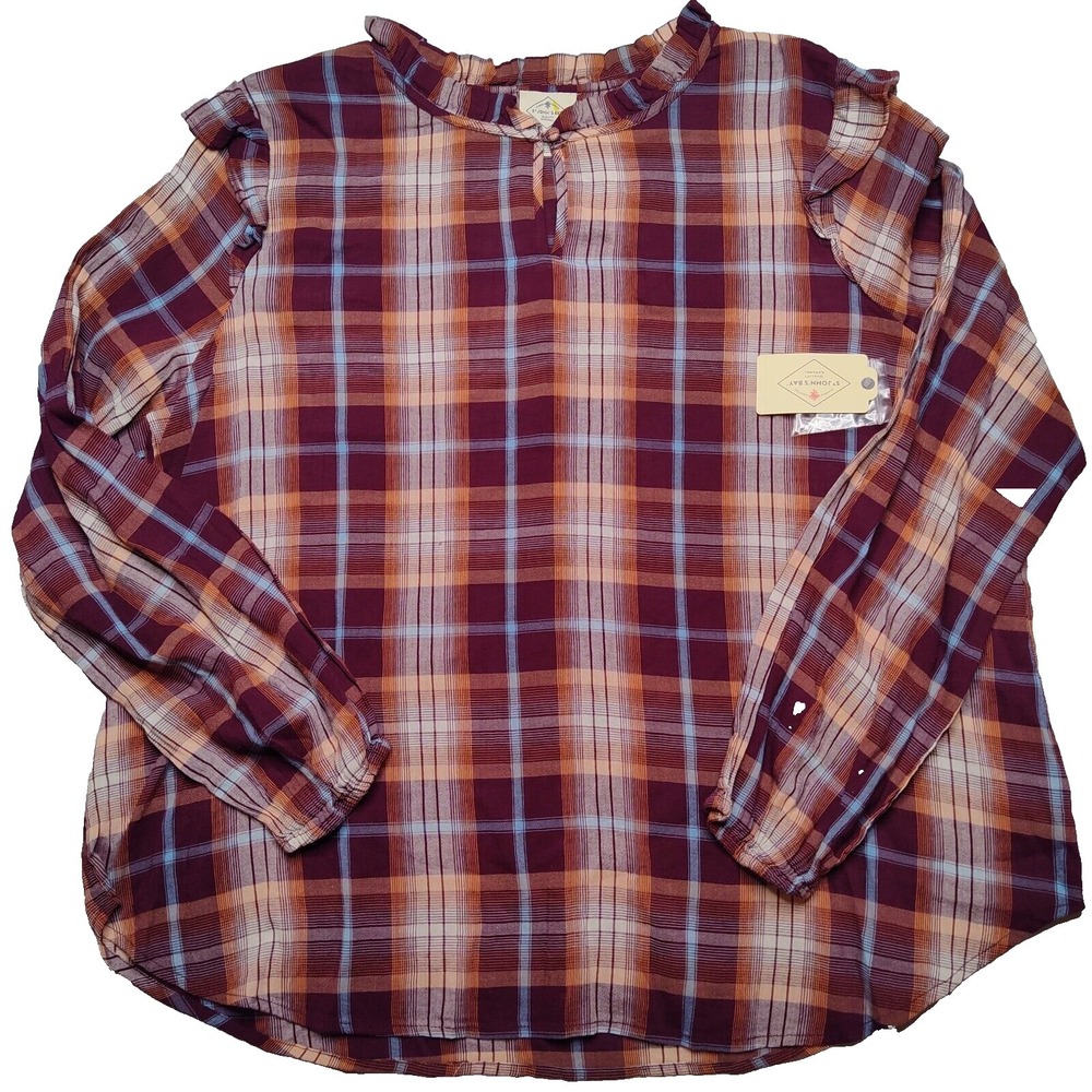 St Johns Bay Women 2XL Burgundy Plaid Ruffle Trim Long Sleeve Pullover Shirt NEW